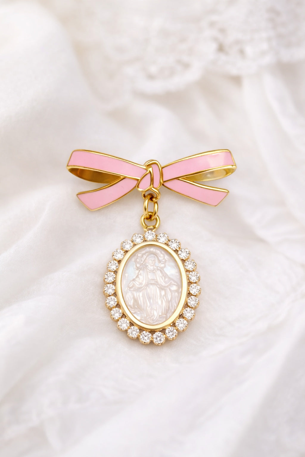 14K Yellow Gold Pink Enamel Bow Baby Pin with CZ Mother of Pearl Miraculous Medal