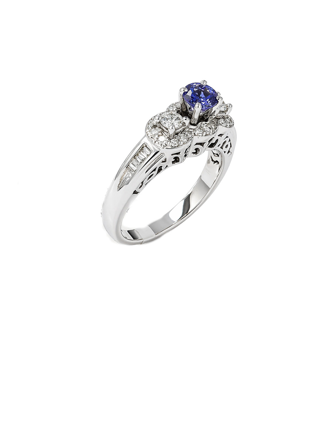 Three Stone Luxe Tanzanite and Diamond Ring 14K White Gold