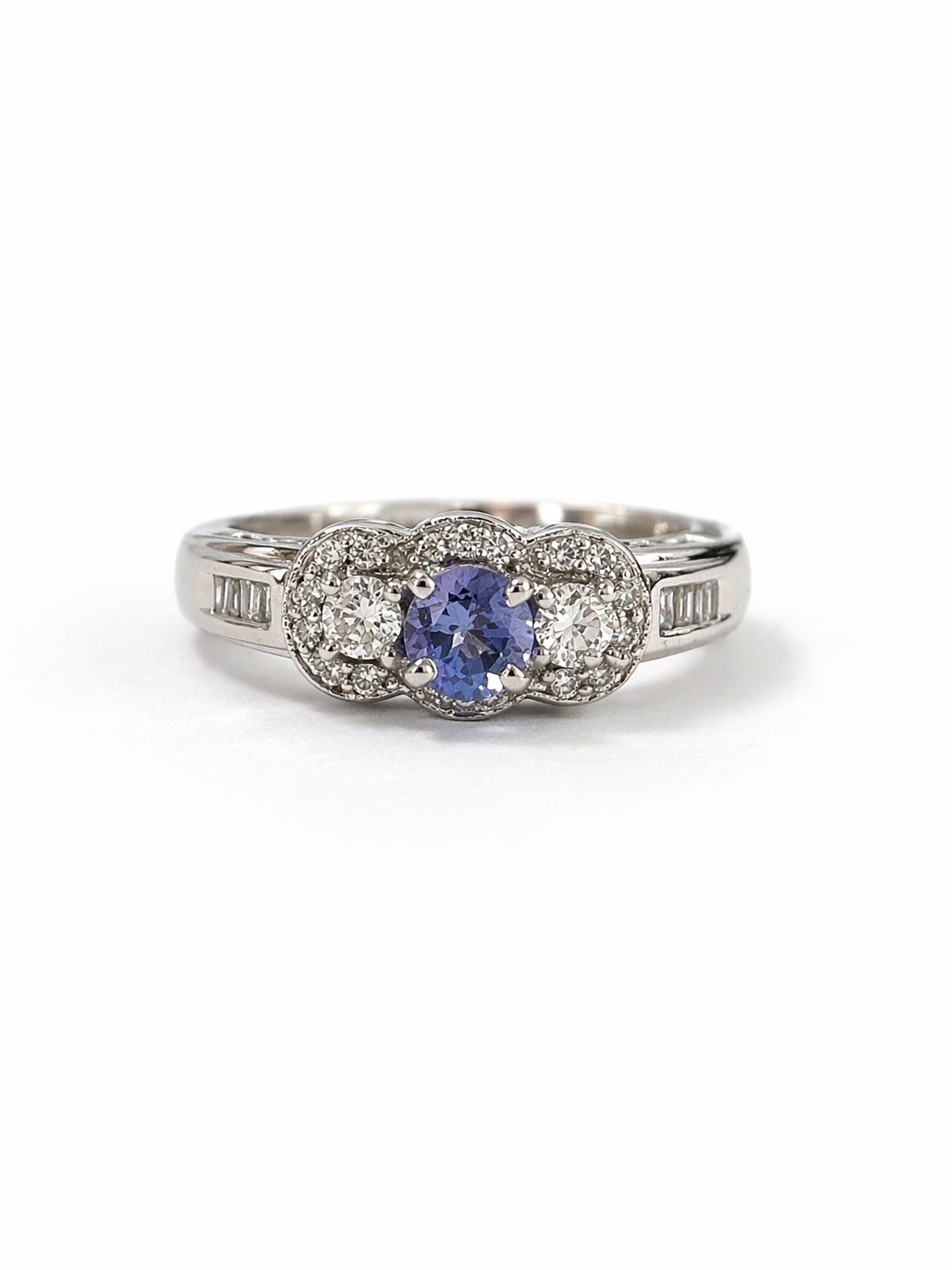 Three Stone Luxe Tanzanite and Diamond Ring 14K White Gold