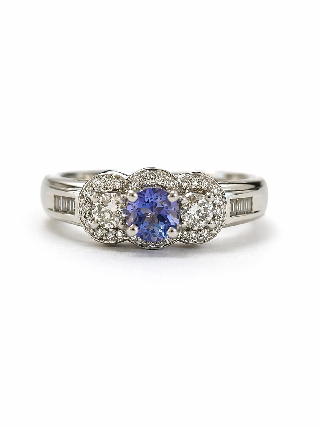 Three Stone Luxe Tanzanite and Diamond Ring 14K White Gold