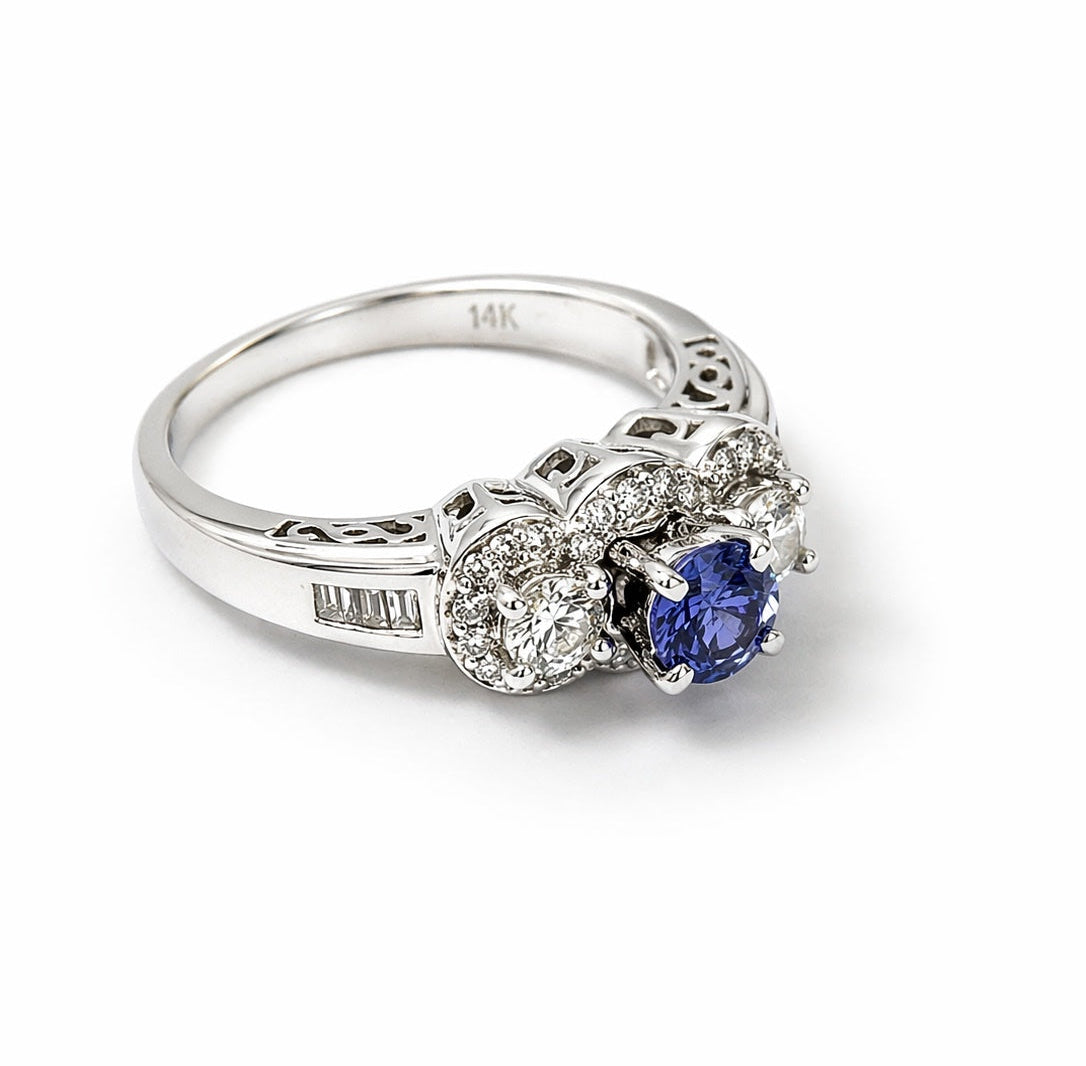 Three Stone Luxe Tanzanite and Diamond Ring 14K White Gold