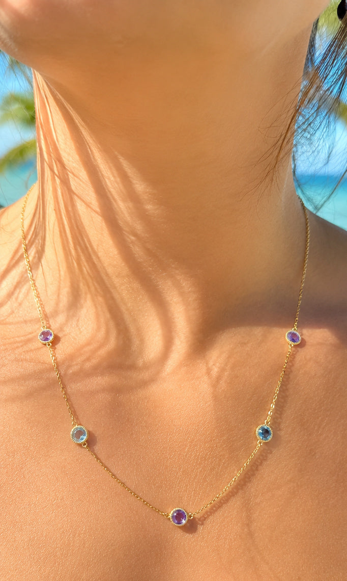 Rope Twist Halo Round Amethyst & Blue Topaz Station Necklace