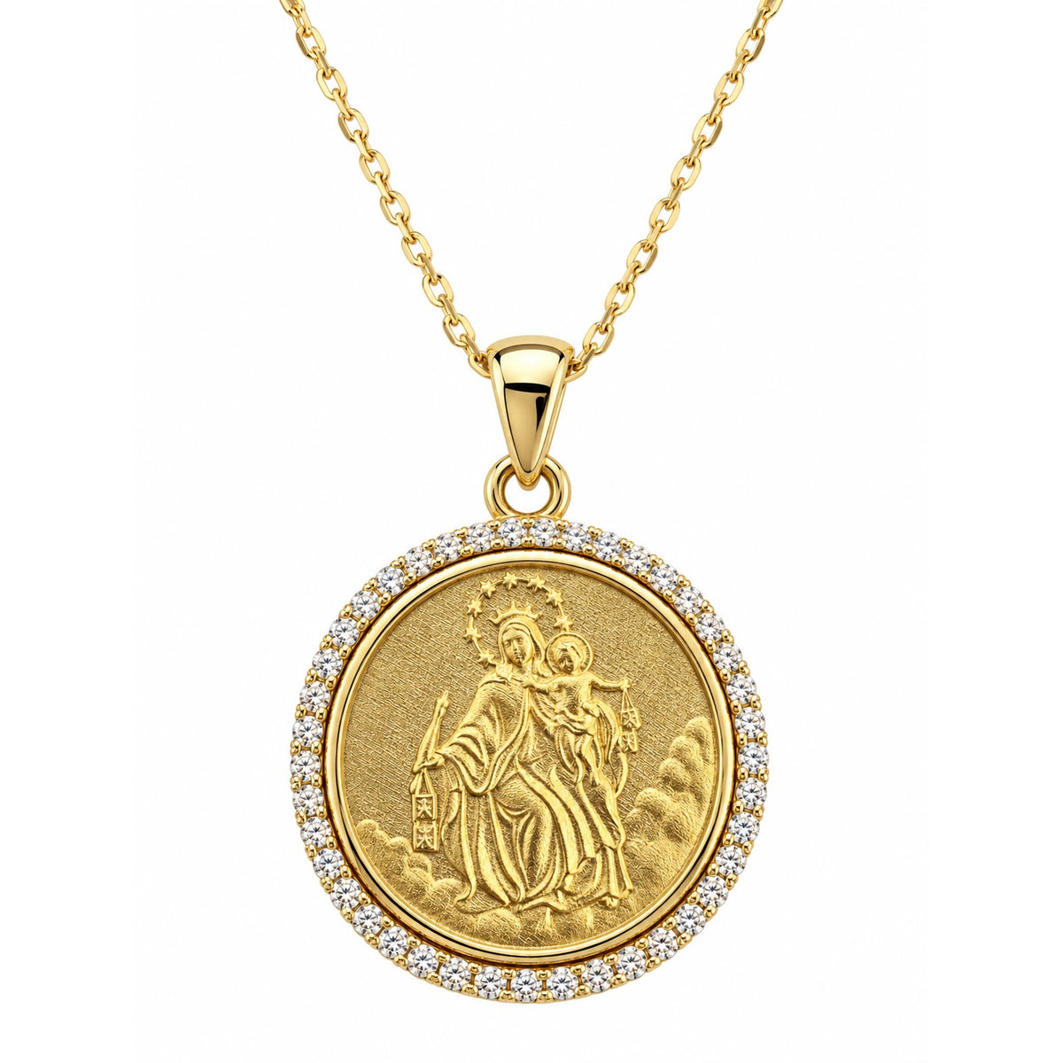 14K Yellow Gold Diamond Our Lady of Mount Carmel Medal Necklace