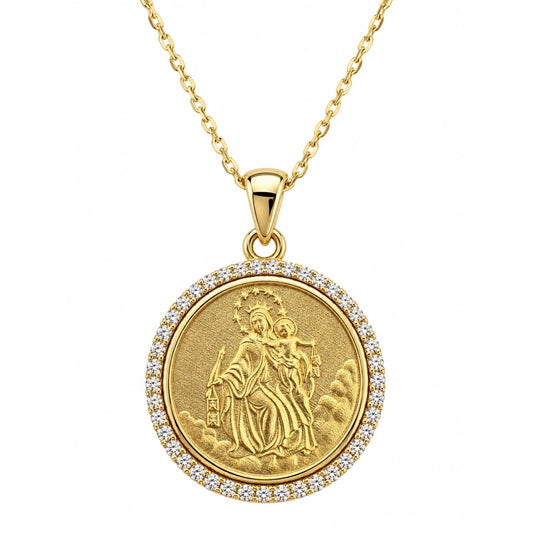 14K Yellow Gold Diamond Our Lady of Mount Carmel Medal Necklace