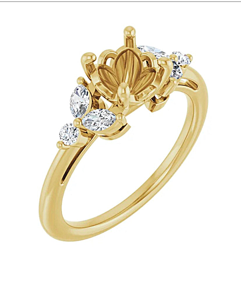 Angled Gold engagement ring semi-mount with diamond accents on a white background