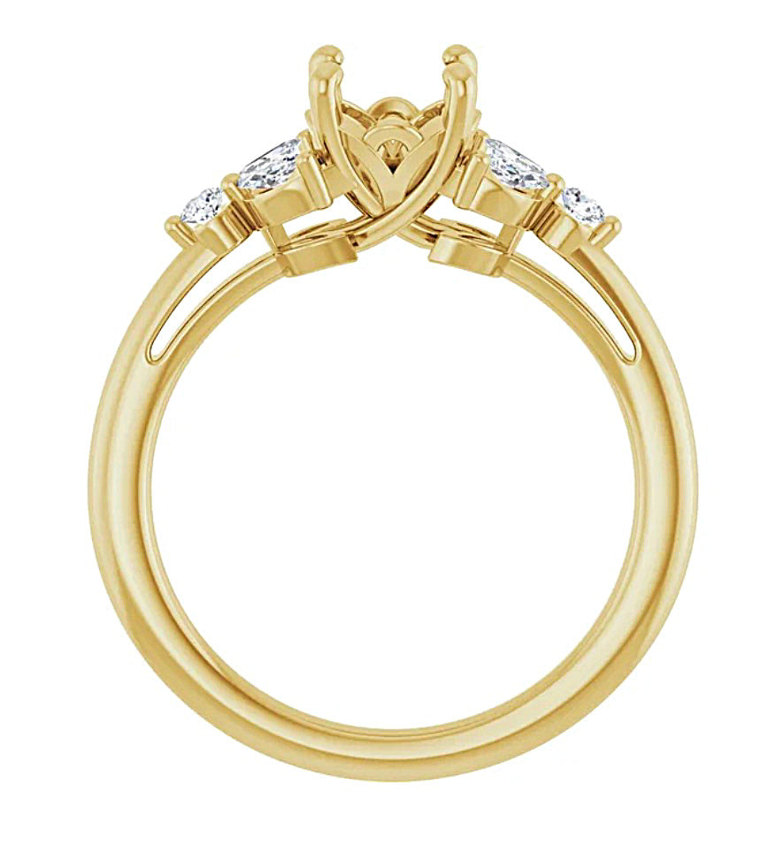 Side view of a Gold engagement ring semi-mount with diamond accents on a white background