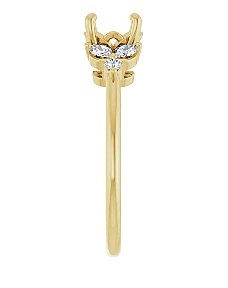 Profile View of a Gold engagement ring semi-mount with accent diamond  gemstones on a white background