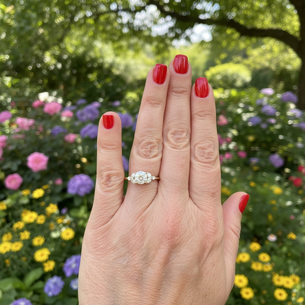 Hand with a diamond engagement ring against a floral background
