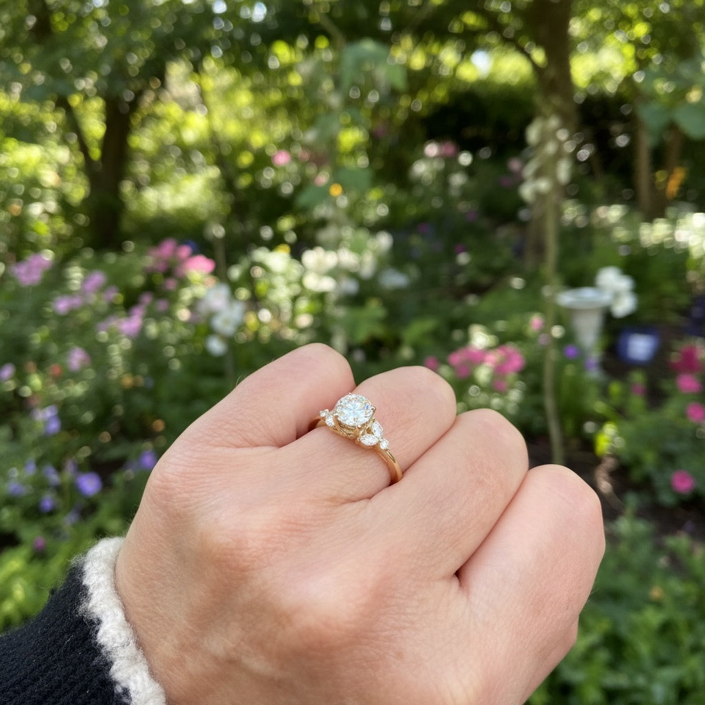 Hand wearing a diamond engagement ring with a garden in the background