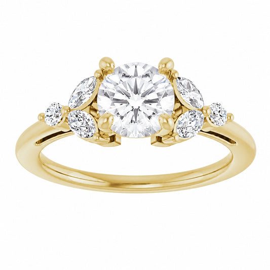 Gold ring with a central diamond and smaller diamonds on a white background