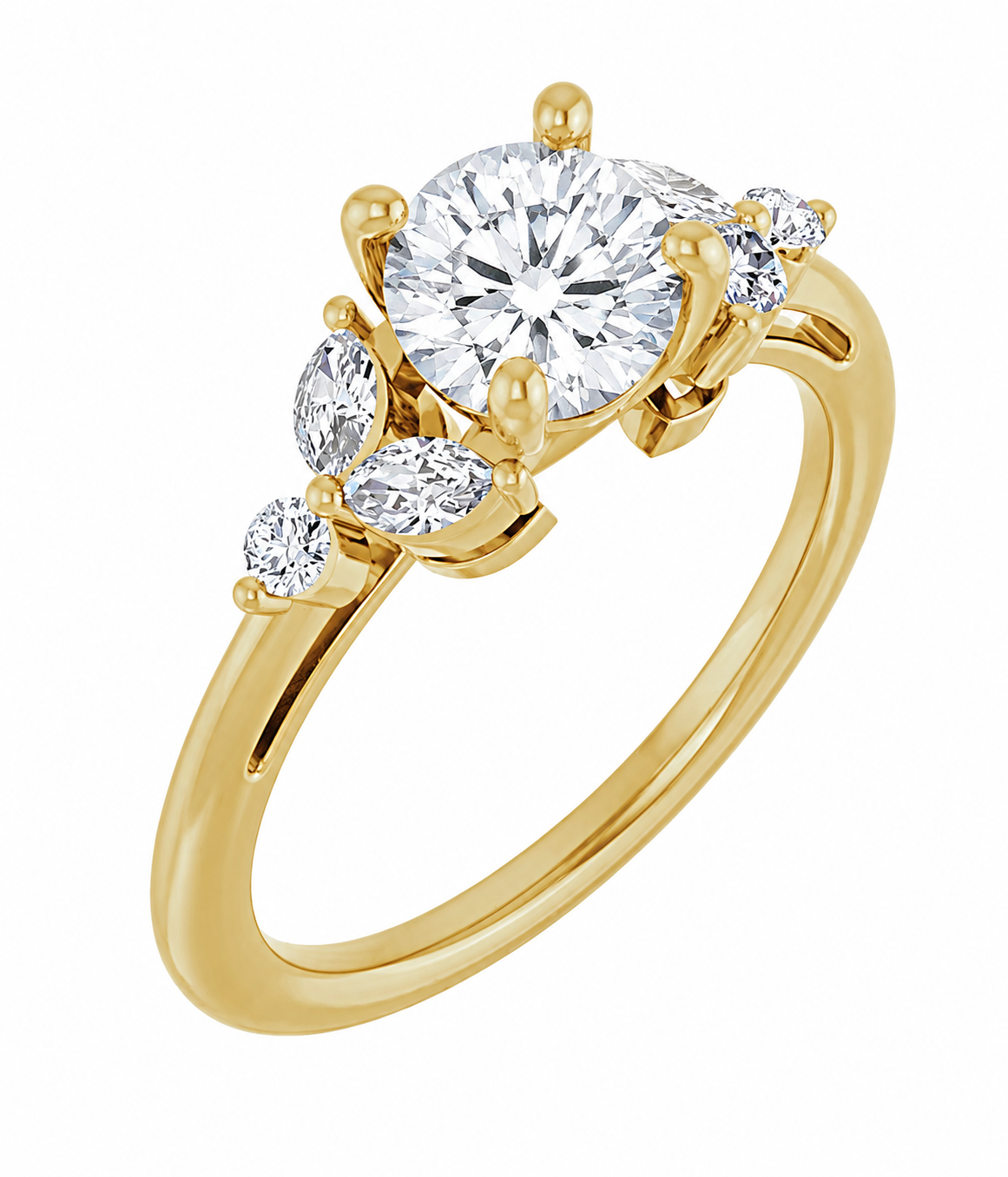 Gold engagement ring with a large round diamond and smaller diamond marquise and round gemstones on a white background