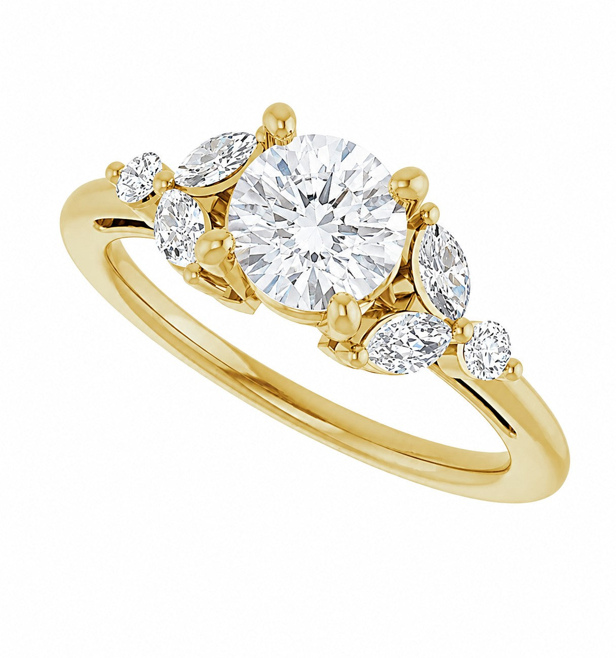 Gold engagement ring with a central round diamond and smaller diamonds on a white background