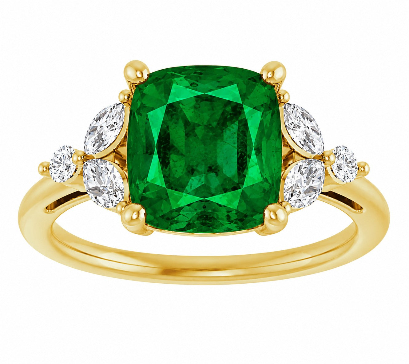 Gold  engagement ring with a green emerald gemstone and smaller diamonds on a white background