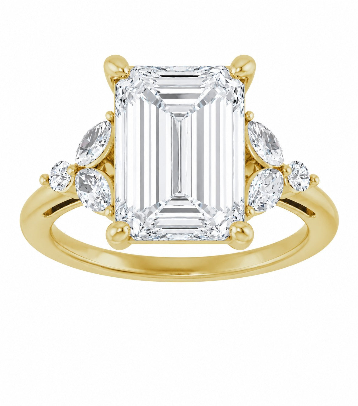 Gold engagement ring with emerald-cut diamond and smaller diamonds on a white background