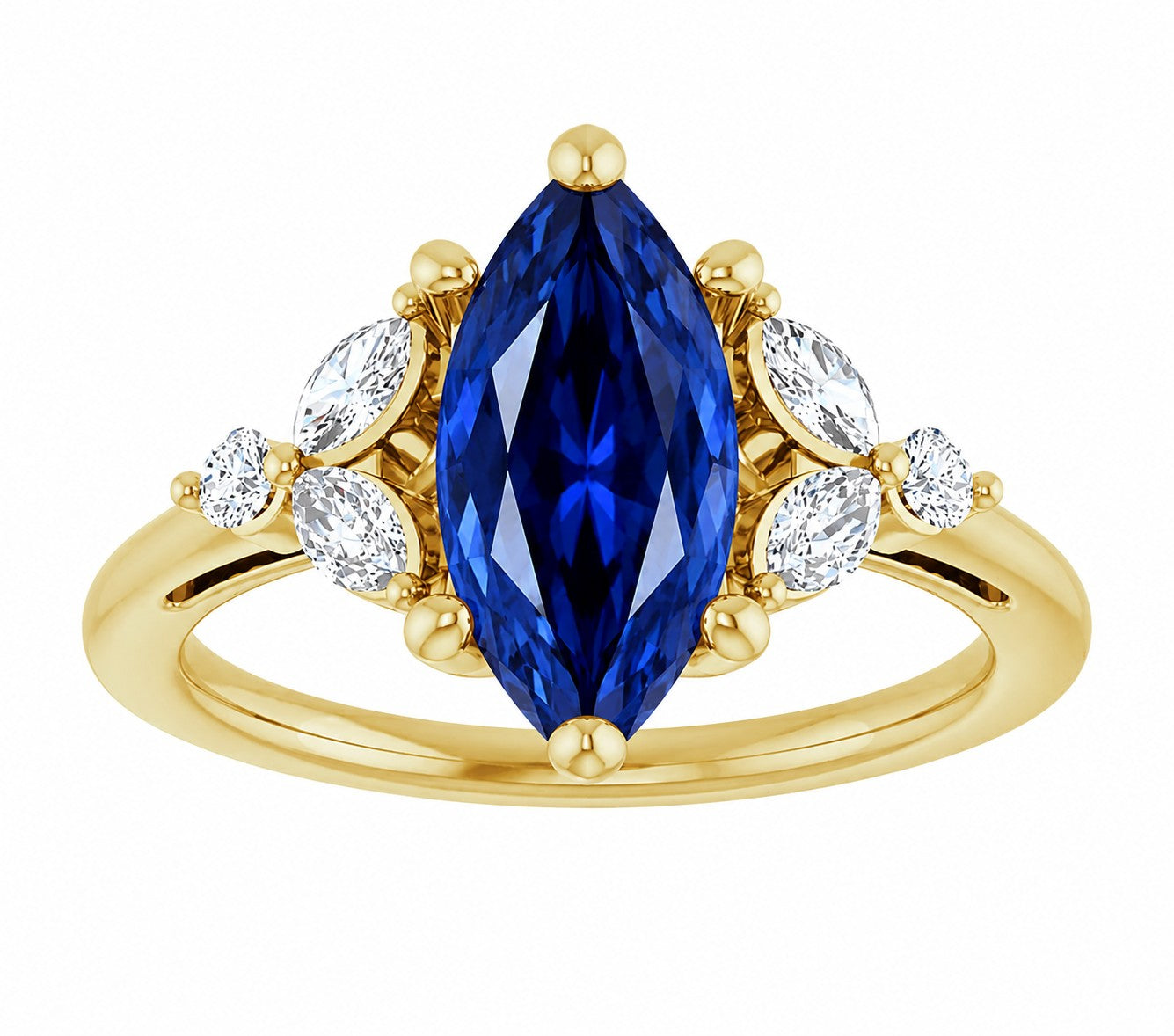 Gold engagement ring with a marquise cut blue sapphire gemstone and smaller diamonds on a white background