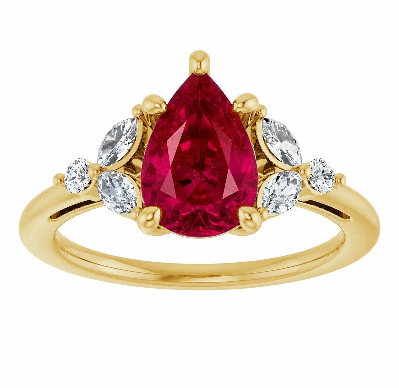Gold engagement ring with a pear-shaped ruby and smaller diamonds on a white background