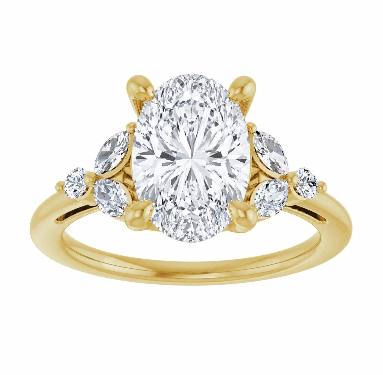 Gold engagement ring with a large central oval cut diamond and smaller diamonds on a white background