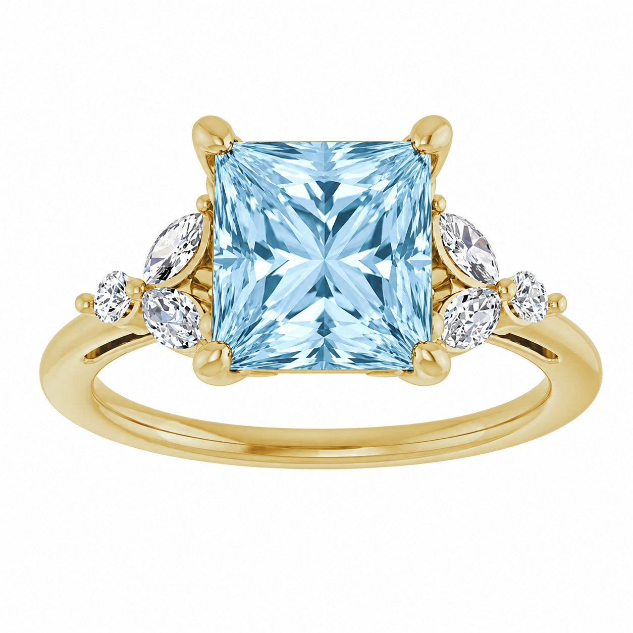 Gold engagement ring with a blue princess cut Aquamarine gemstone and smaller diamond stones on a white background
