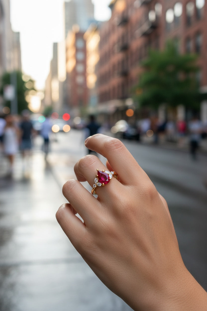 Hand wearing an engagement ring with a red pear shape ruby gemstone against a blurred city street background