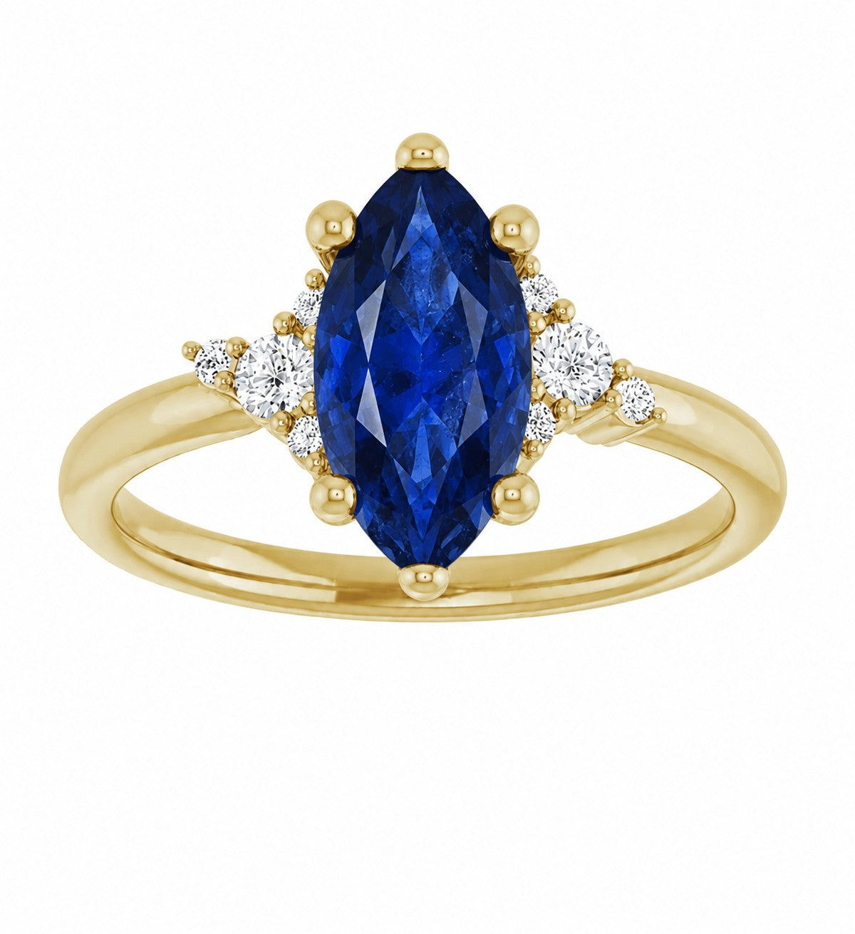 Gold engagement ring with a marquise cut  blue sapphire gemstone and smaller diamonds on a white background