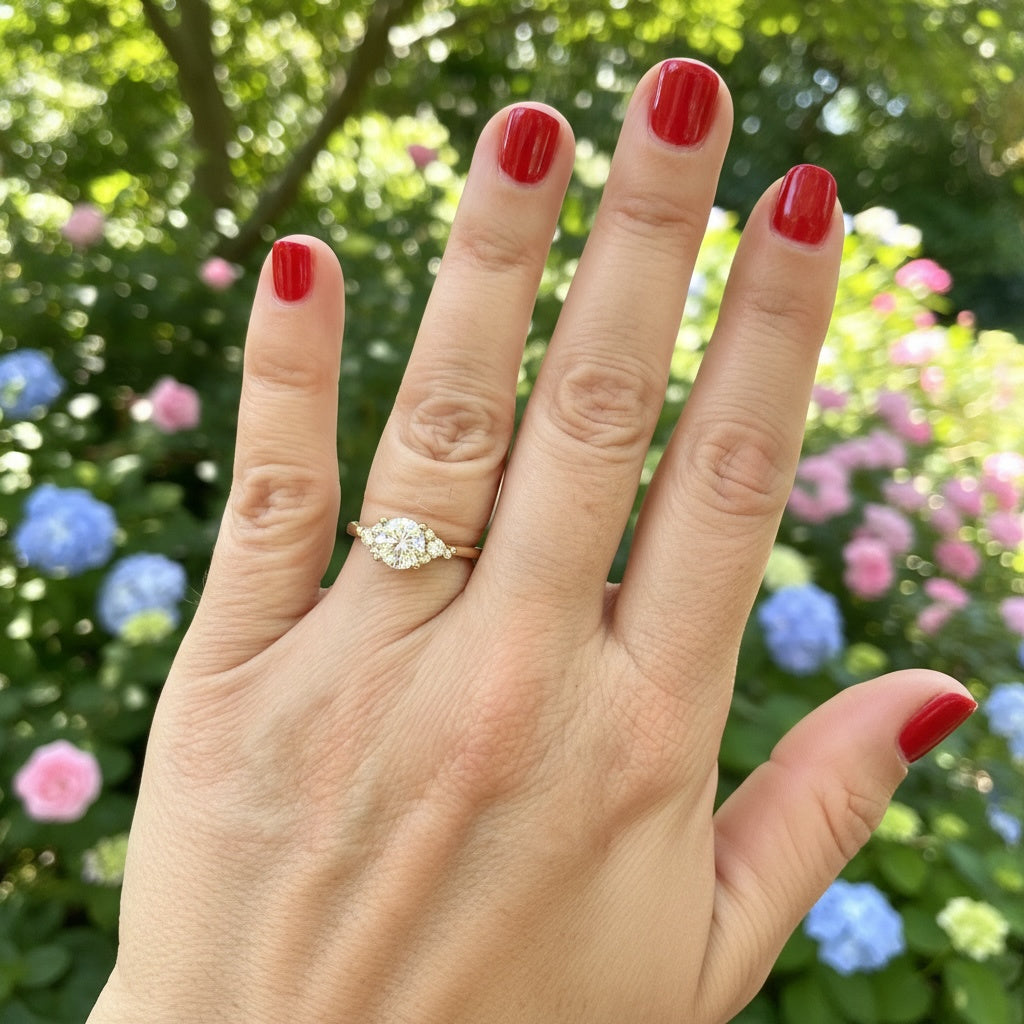 Hand wearing a diamond engagement ring with a blurred floral background