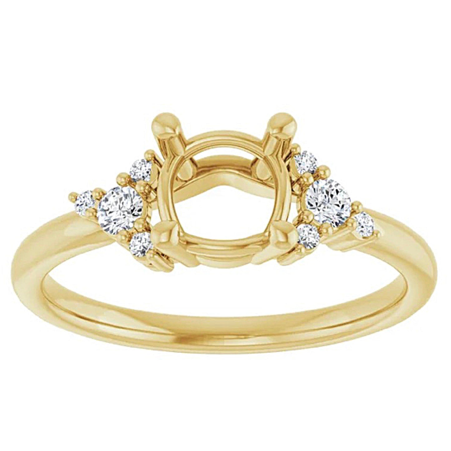Gold engagement ring semi-mount with diamond accents on a white background