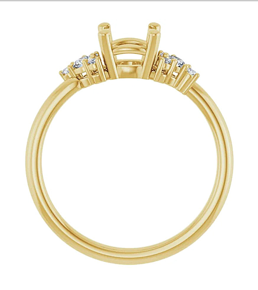 Side view of a Gold engagement ring semi-mount with small diamonds on a white background