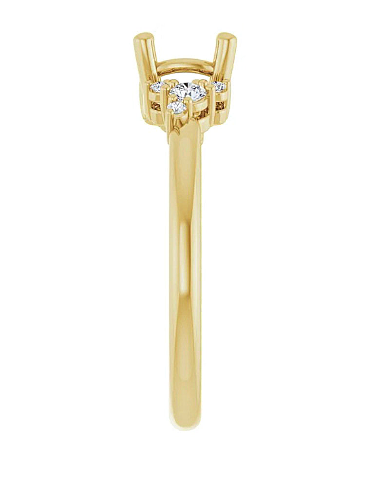 Profile view of a Gold engagement ring semi-mount  with  small diamond  accents on a white background