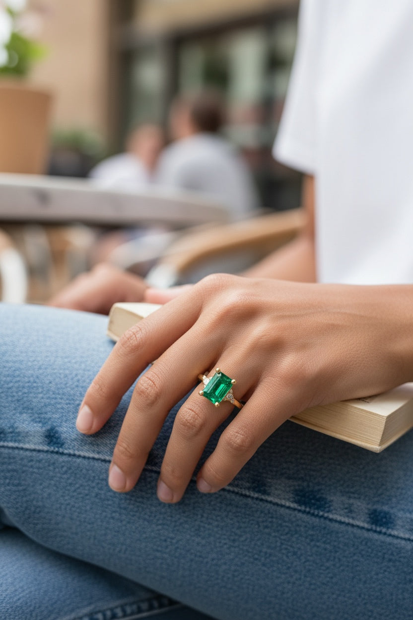 Hand wearing a green emerald ring on a blurred outdoor background