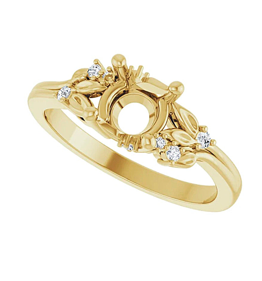 Gold engagement ring semi-mount with diamond accents on a white background