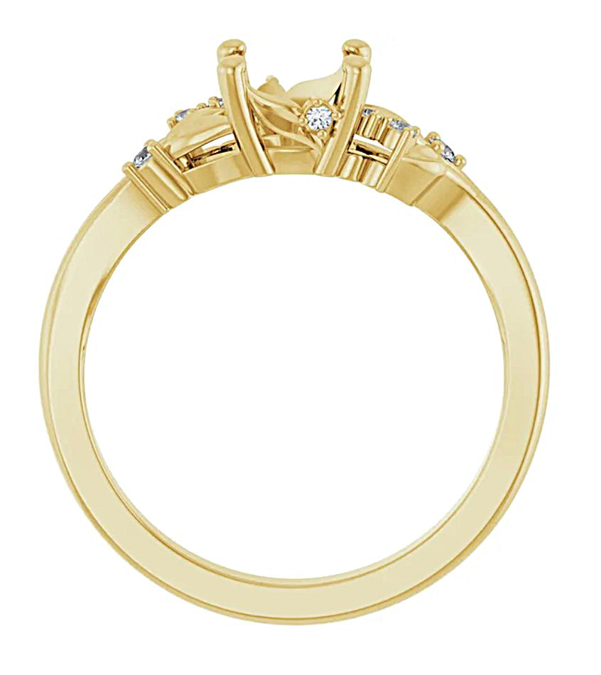 Gold engagement ring semi-mount with diamond accents side view on a white background
