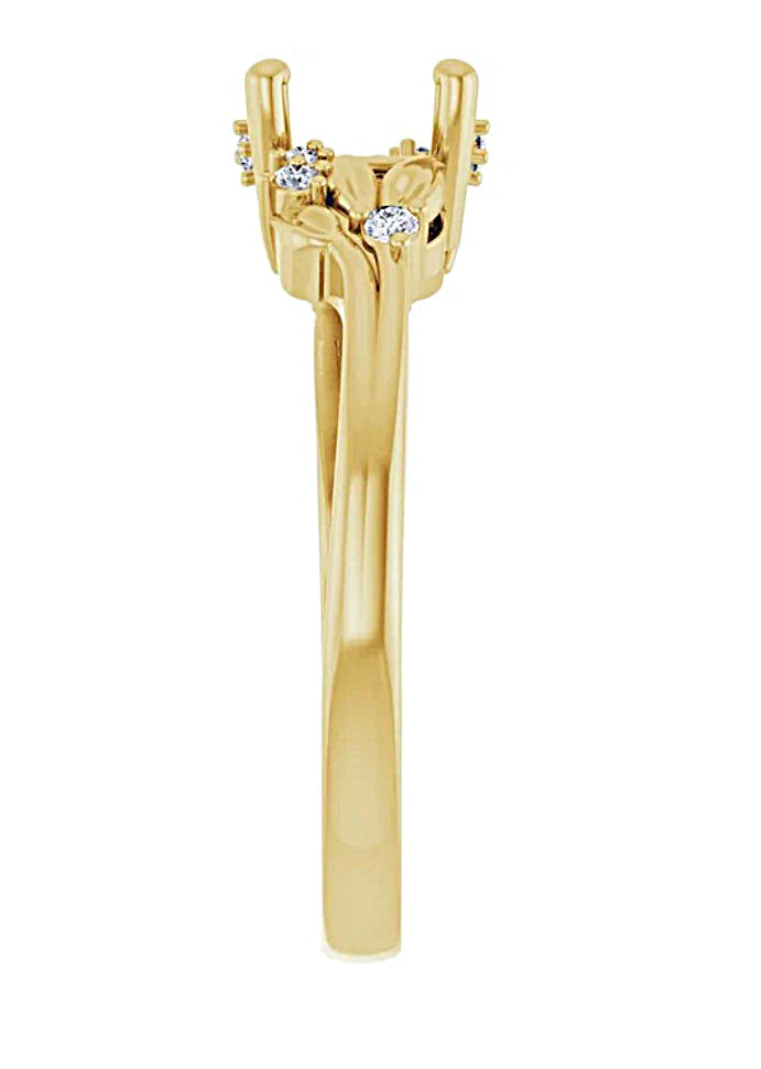 Gold engagement ring semi-mount with diamond accents  profile view on a white background