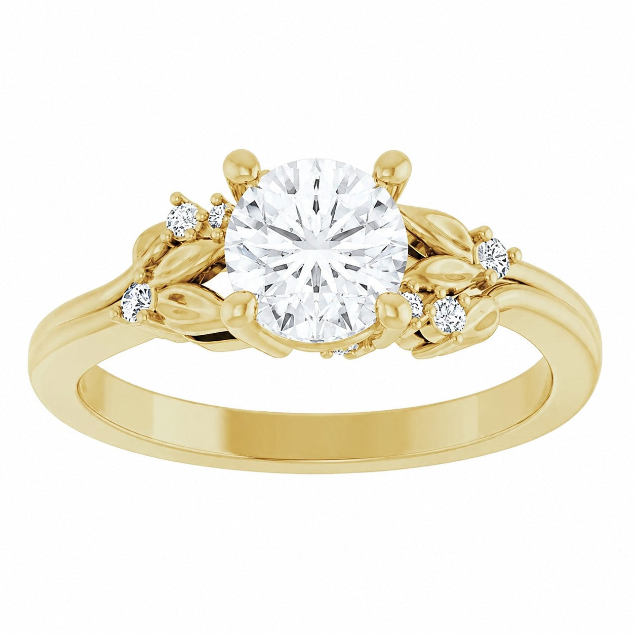 Gold engagement ring with a large round diamond and smaller diamonds with a vine leaf design on a white background