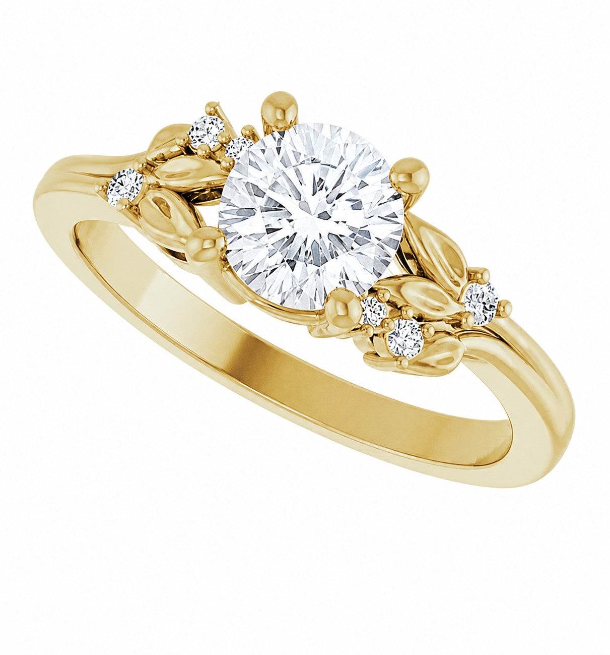 Gold engagement ring with a central diamond and smaller diamonds on a white background