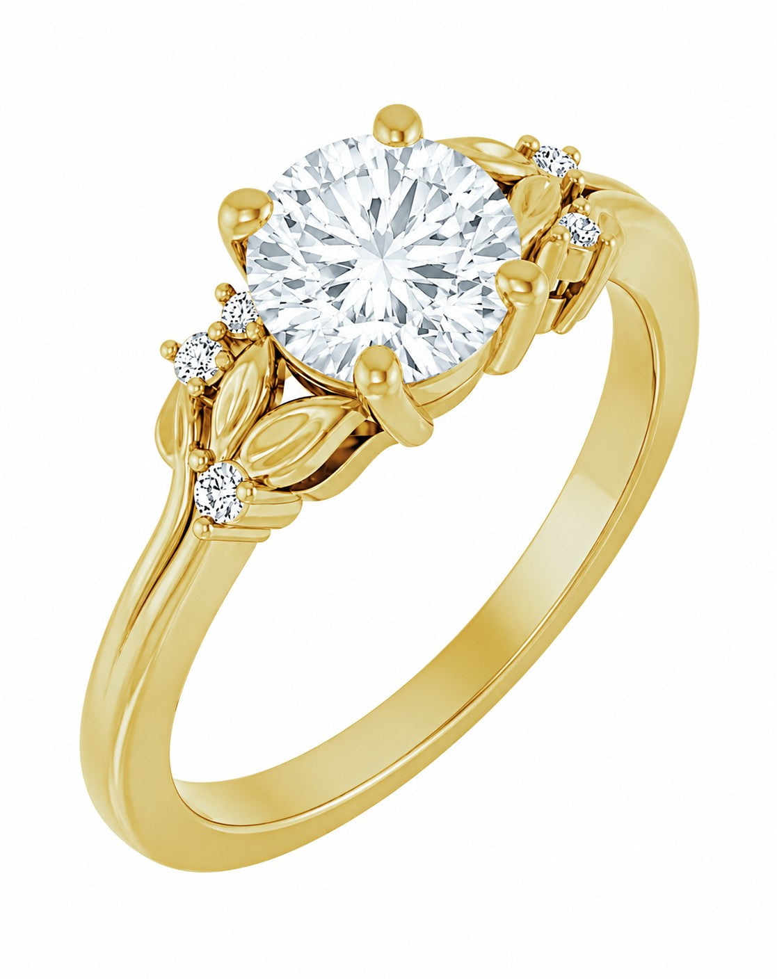 Gold engagement ring with a large diamond and smaller diamonds on the band against a white background