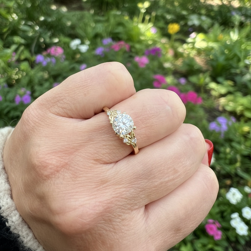 Hand wearing a gold engagement ring with a diamond, set against a blurred natural background with flowers.