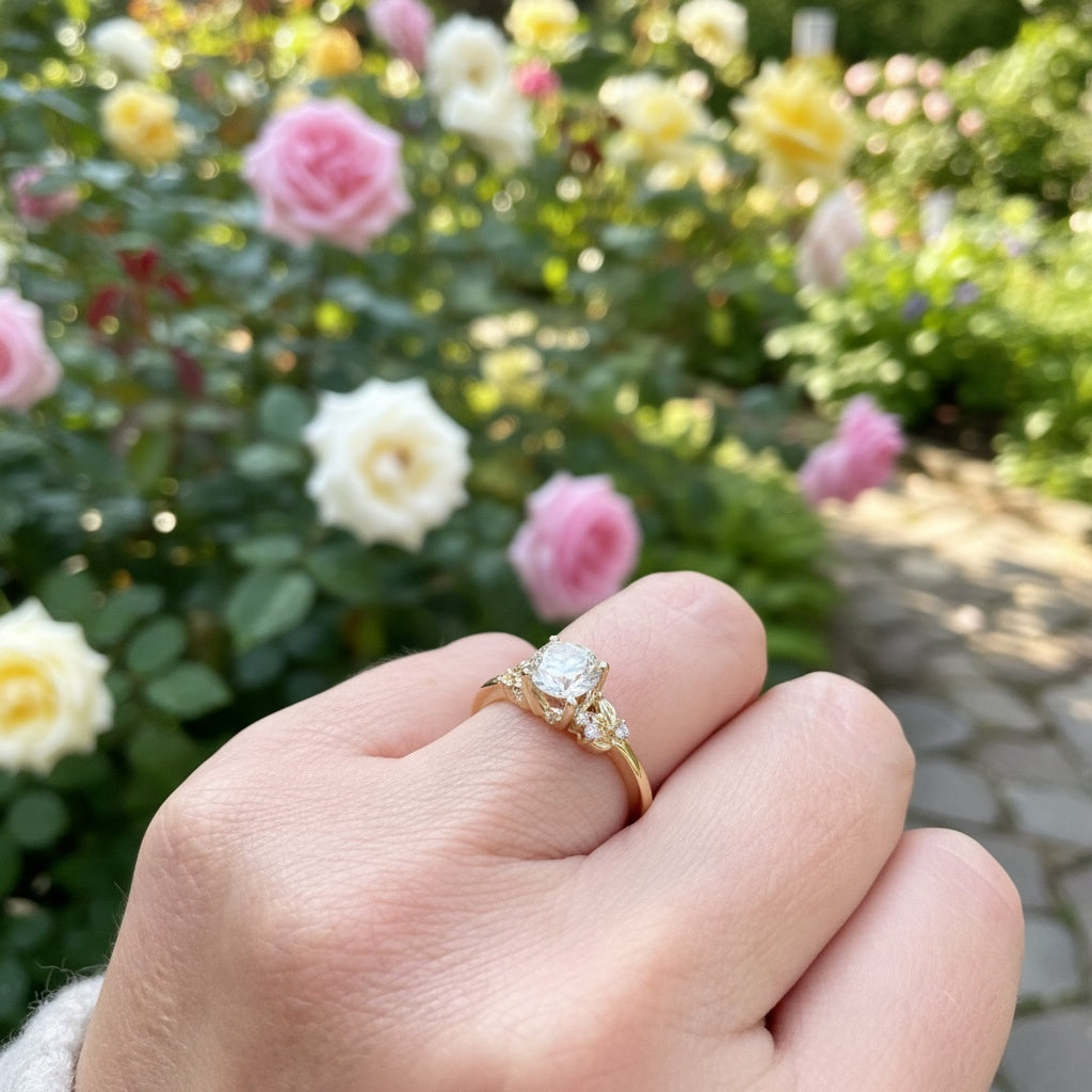 Hand wearing a gold engagement ring with a diamond in front of flowers