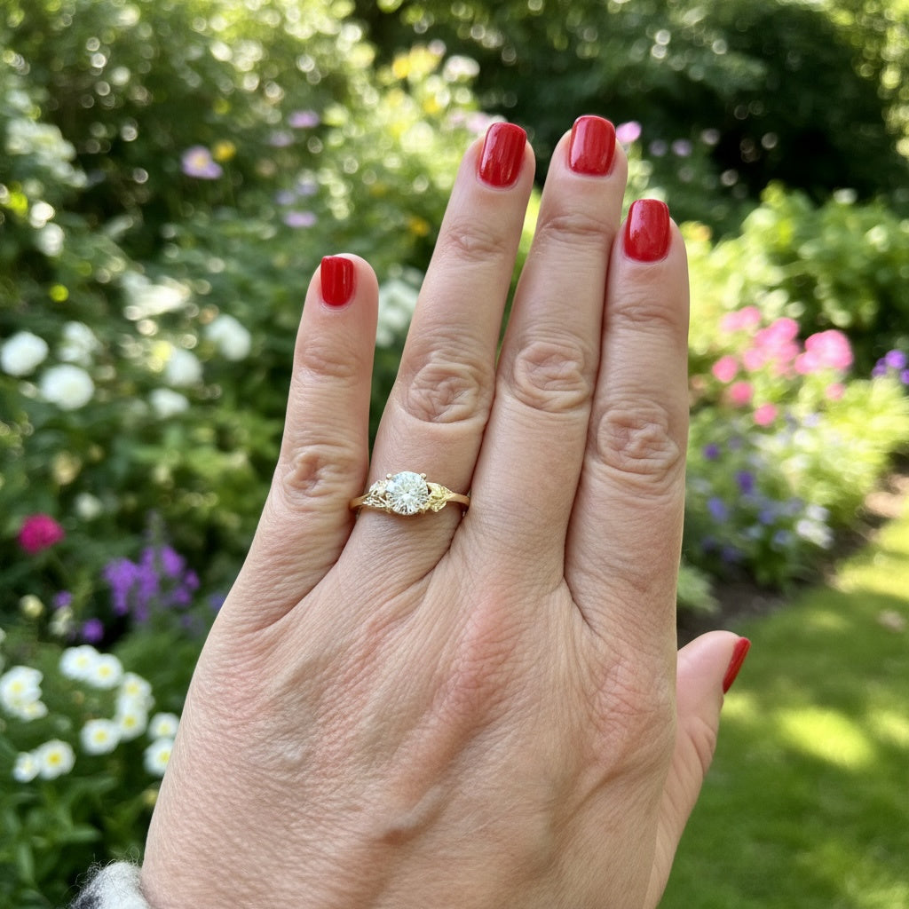 Hand with red nail polish wearing a gold diamond engagement ring against a garden background