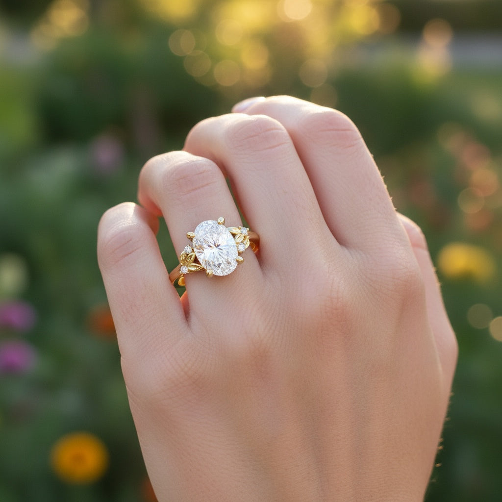 Hand wearing a gold engagement ring with a large oval cut diamond in front of a blurred natural background