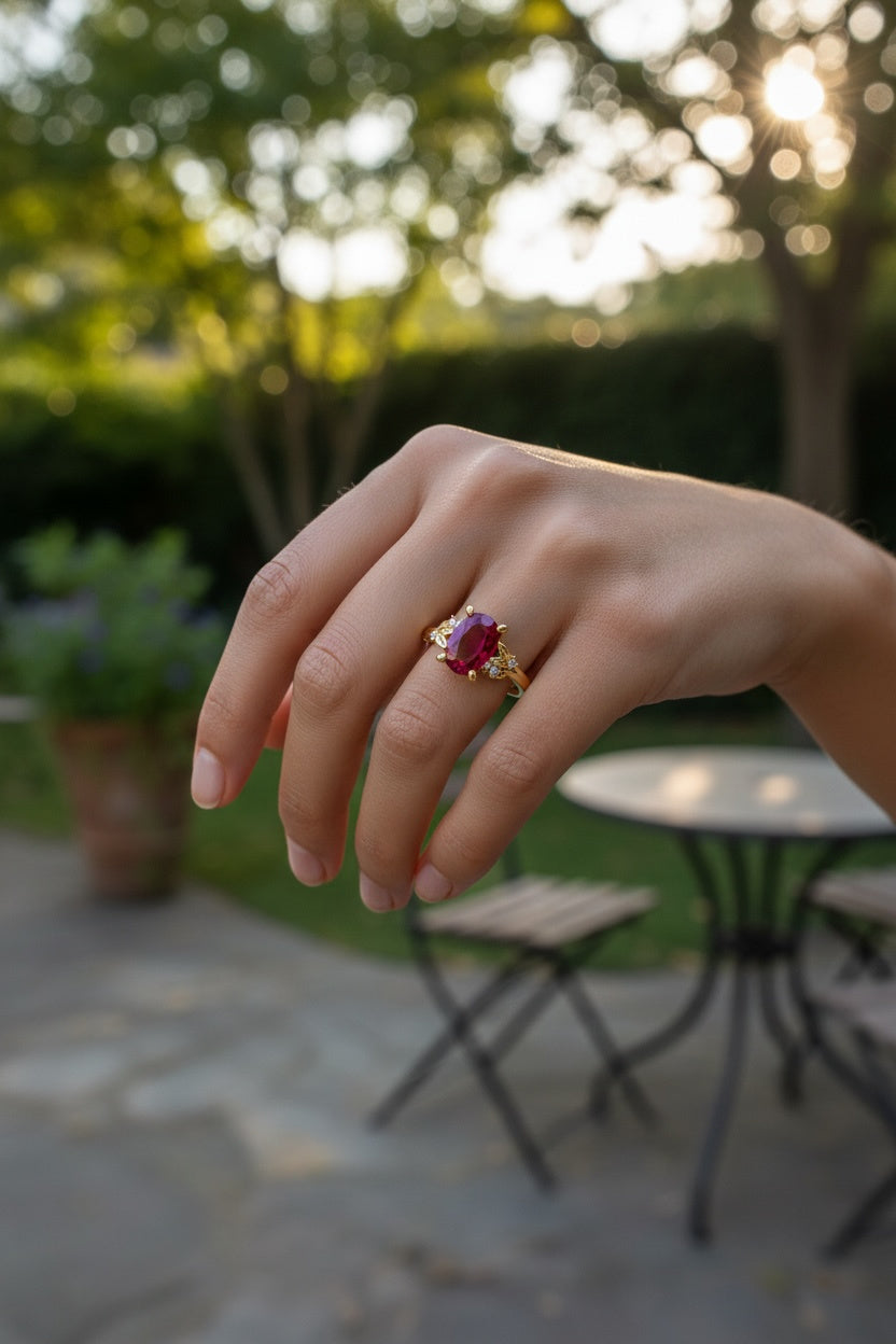 Hand wearing a ring with a large oval cut red ruby gemstone outdoors