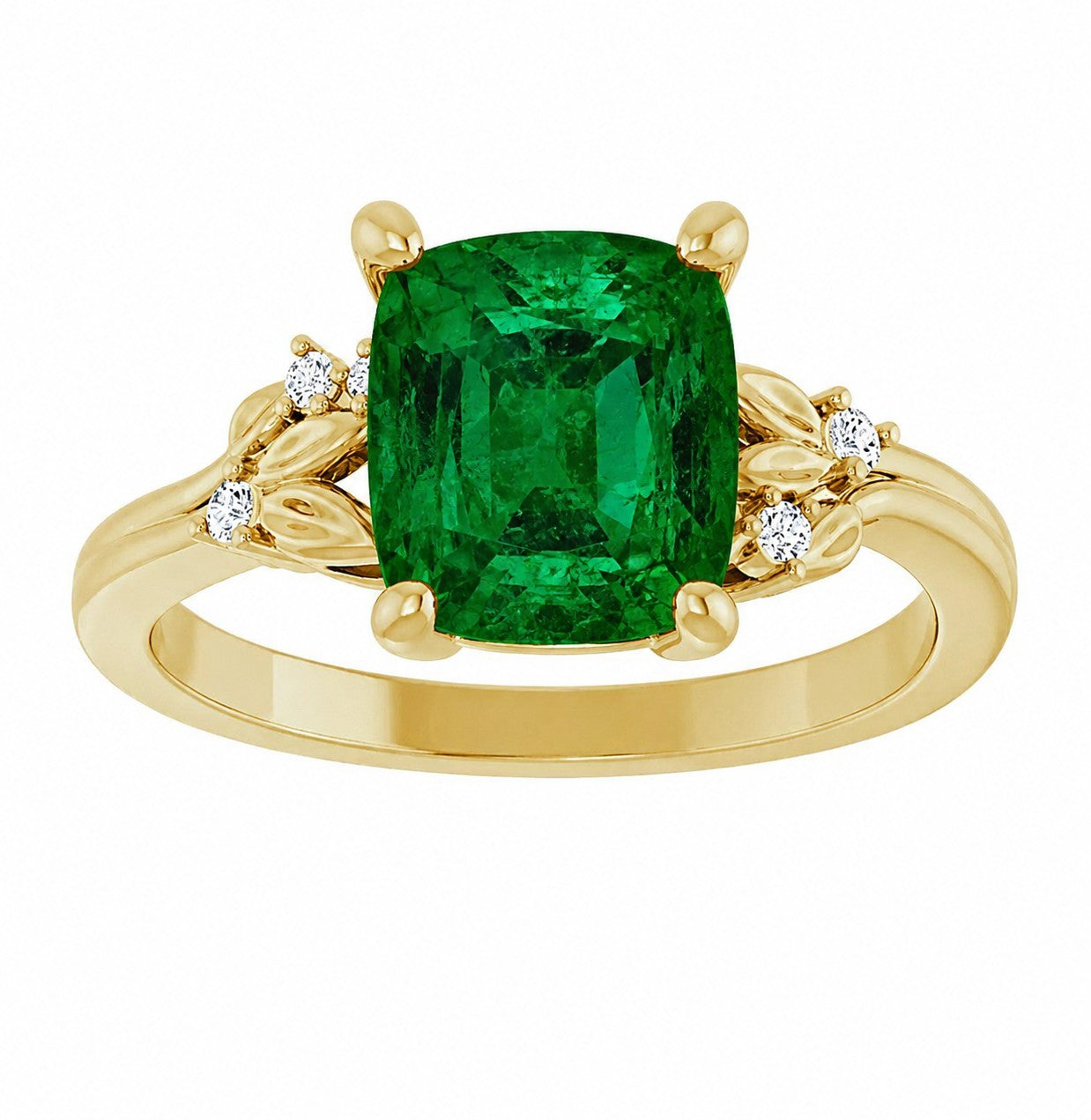 Gold engagement ring with a green emerald gemstone and small diamonds on a white background