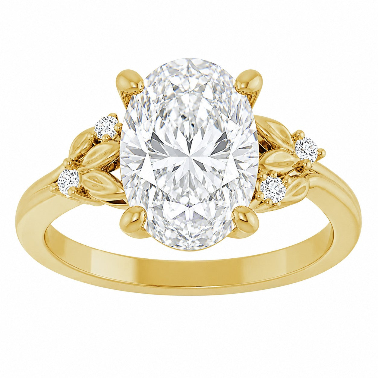 Gold engagement ring with a large central oval cut diamond and smaller diamonds on the sides on a white background