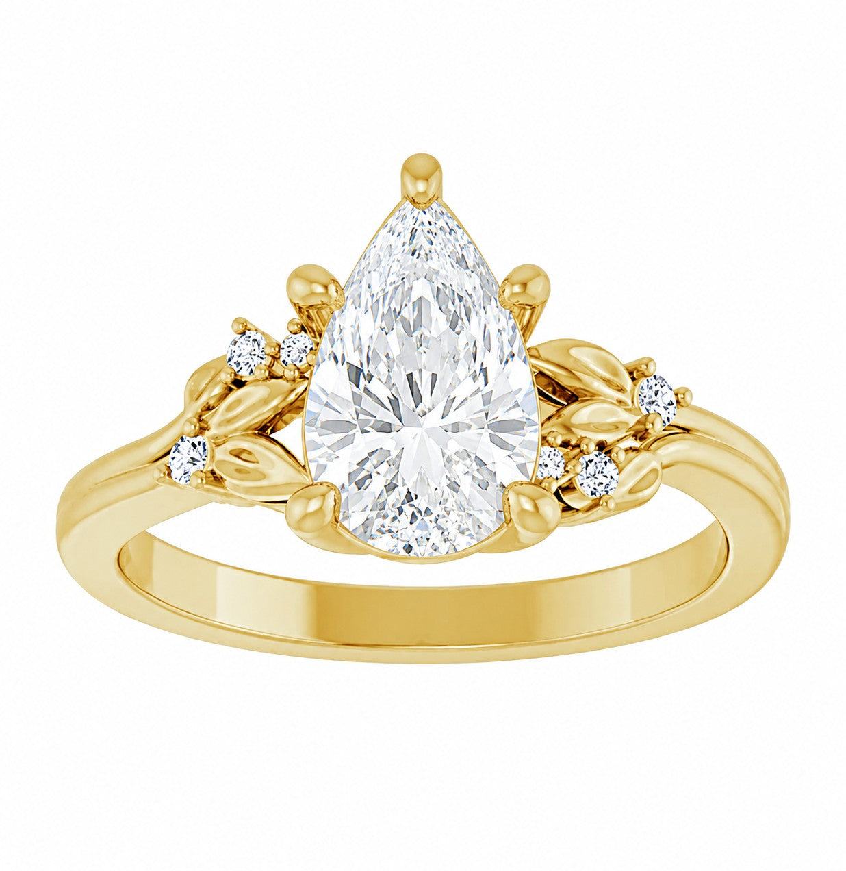 Gold engagement ring with a pear-shaped diamond and smaller diamonds on a white background