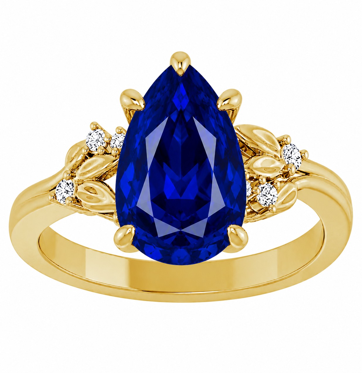 Gold engagement ring with a large pear shape blue sapphire gemstone and smaller diamonds on a white background