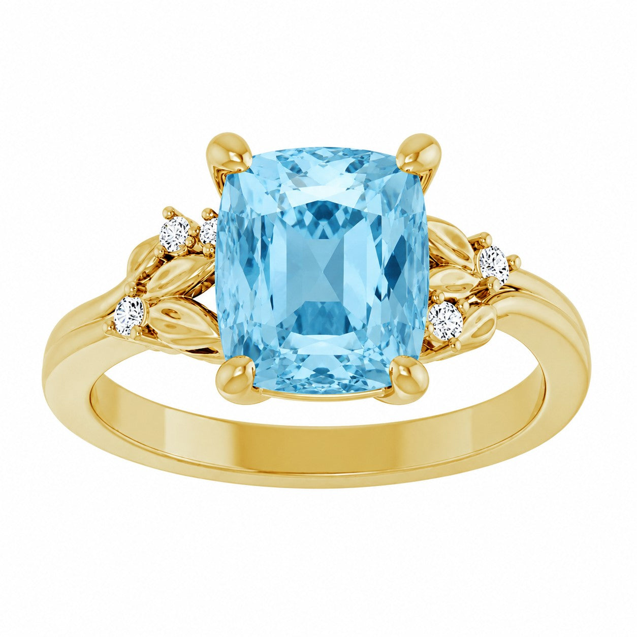 Gold engagement ring with a cushion-cut blue Aquamarine gemstone and small diamonds on a white background