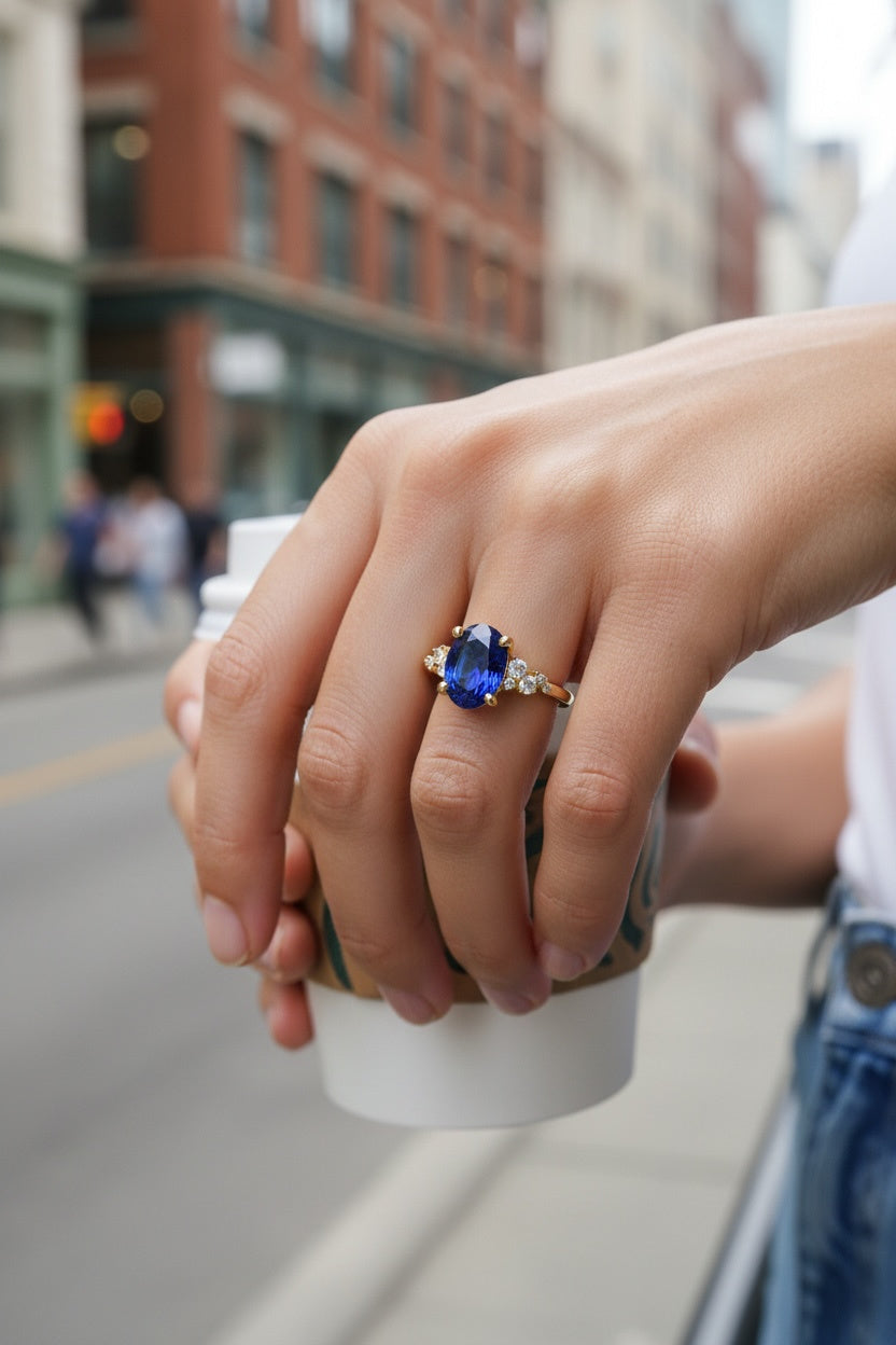 Hand holding a coffee cup with a blue  sapphire oval cut gemstone ring on a city street.