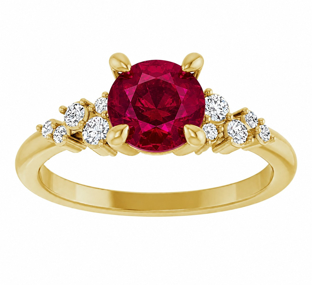 Gold engagement ring with a round red ruby gemstone and smaller diamonds on a white background
