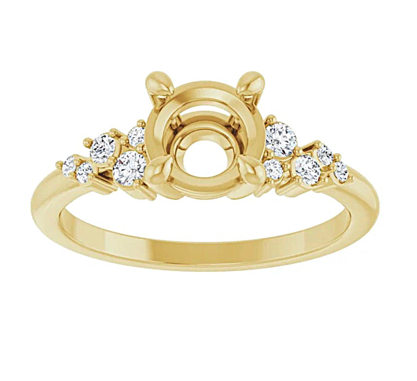 Gold engagement ring semi-mount  with diamond accents on a white background