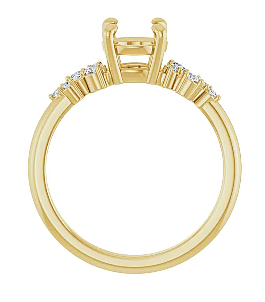 Side view of a Gold engagement ring semi-mount with diamond accents on a white background