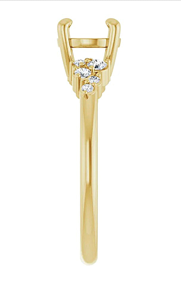 Profile view of a Gold engagement ring semi-mount with accent diamonds on a white background
